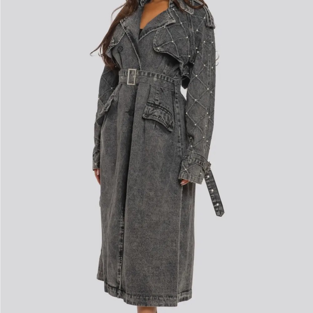 Distressed Denim Trench Coat, Black /Gry. w/ Pearl & Silver Accents, S, M , L - Picture 5 of 16